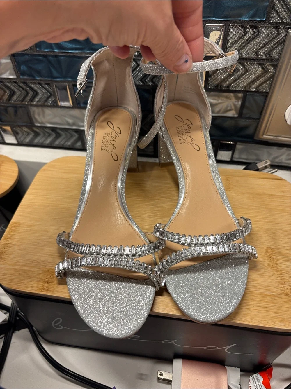 Jewel Badgley Mischka Silver Glitter Crystal-Strap Block Heel Sandals